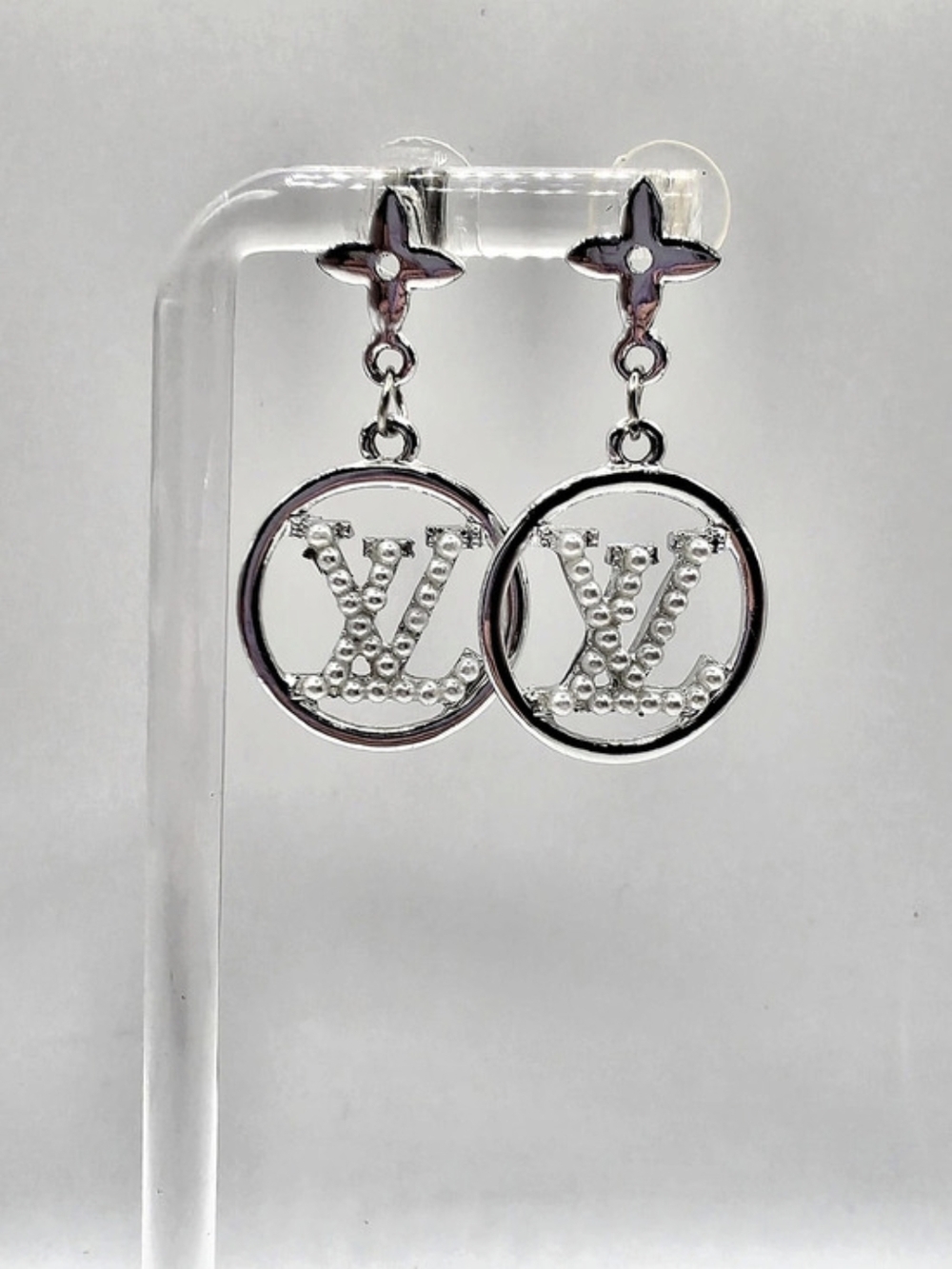 New Silver Pearl Flower L Drop Earrings